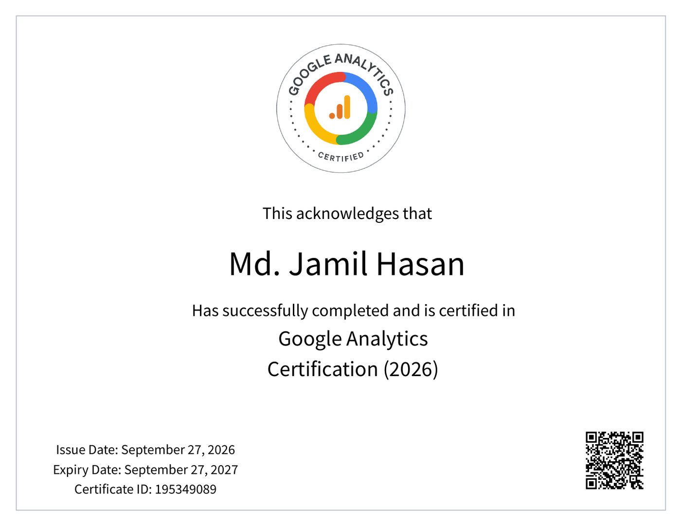 Certificate: Google Analytics Certification, Google, Sep 27, 2026