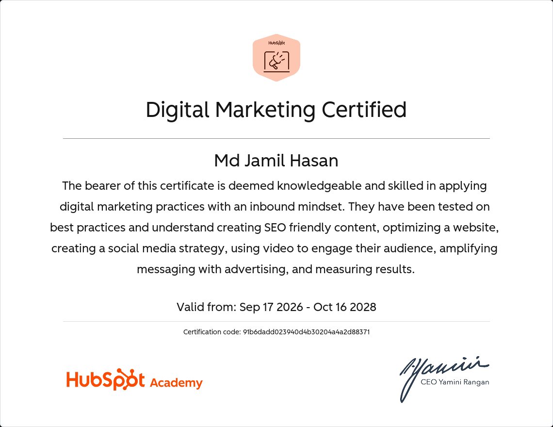 Certificate: Digital Marketing Certified, HubSpot Academy, Sep 17, 2026