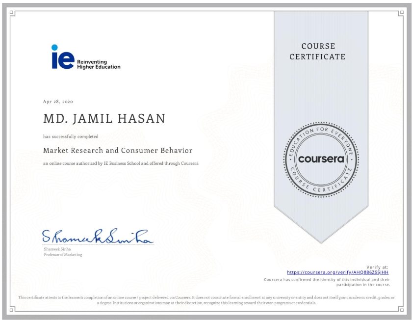Certificate: Market Research and Consumer Behavior, IE Business School via Coursera, Apr 28, 2020