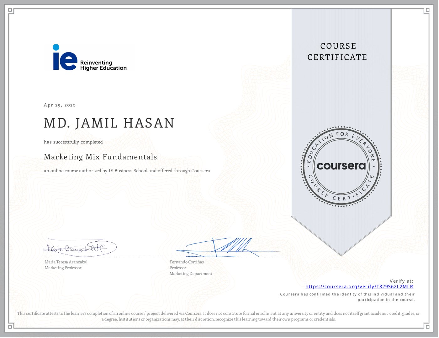 Certificate: Marketing Mix Fundamentals, IE Business School via Coursera, Apr 29, 2020