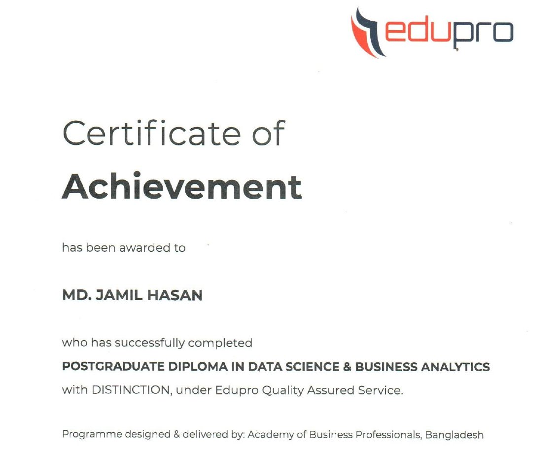Certificate: Postgraduate Diploma in Data Science and Business Analytics, Edupro (programme by ABP), Jun 2024