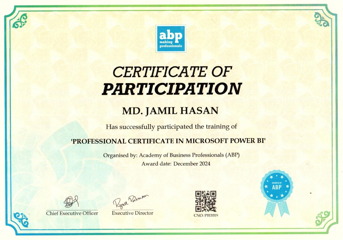 Certificate: Professional Certificate in Microsoft Power BI, Academy of Business Professionals (ABP), Dec 2024